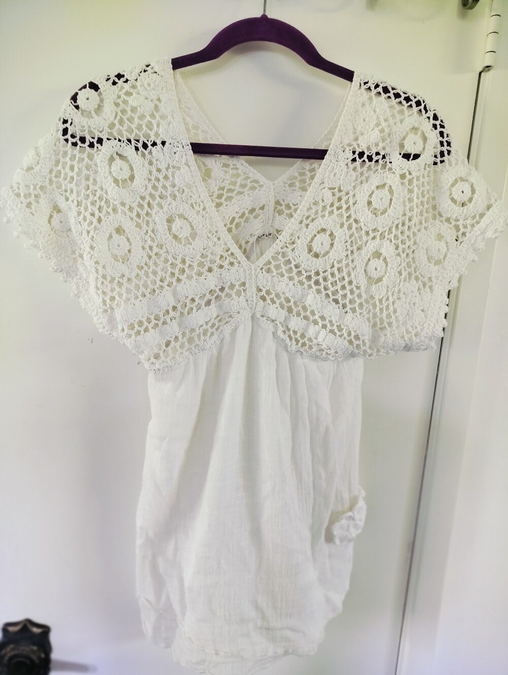 Blue Bird 100% Cotton Gauzy Boho Top with Floral Crochet Bodice - Medium